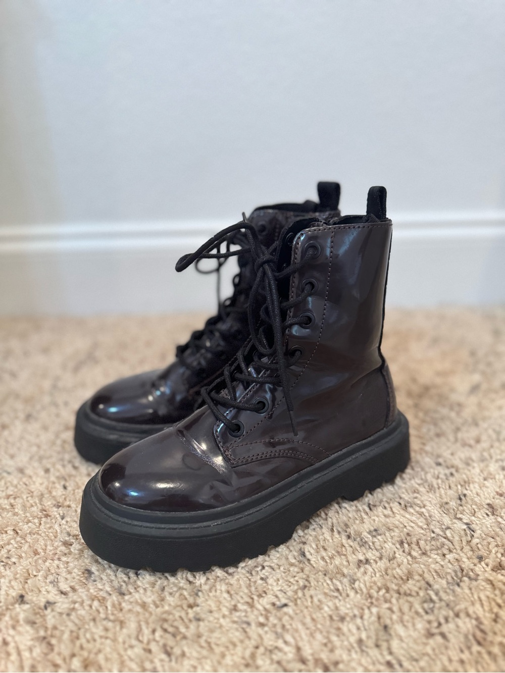 Girl’s Zara Glossy Lace-Up Platform Boots in Deep Burgundy in size 31